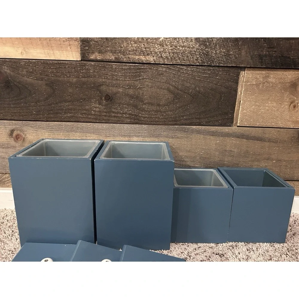 Four Vintage Blue Painted Floral Farmhouse Wooden Kitchen‎ Canister READ